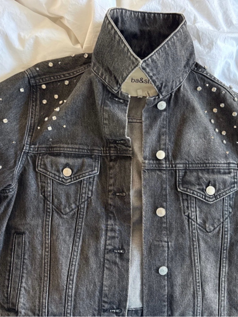 ba&sh Black Washed Denim Jacket with Crystal Studs